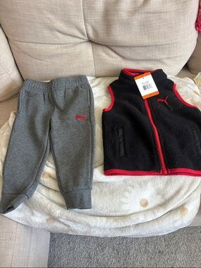 Puma Kids Black Fleece Vest with Red Trim & Gray Joggers